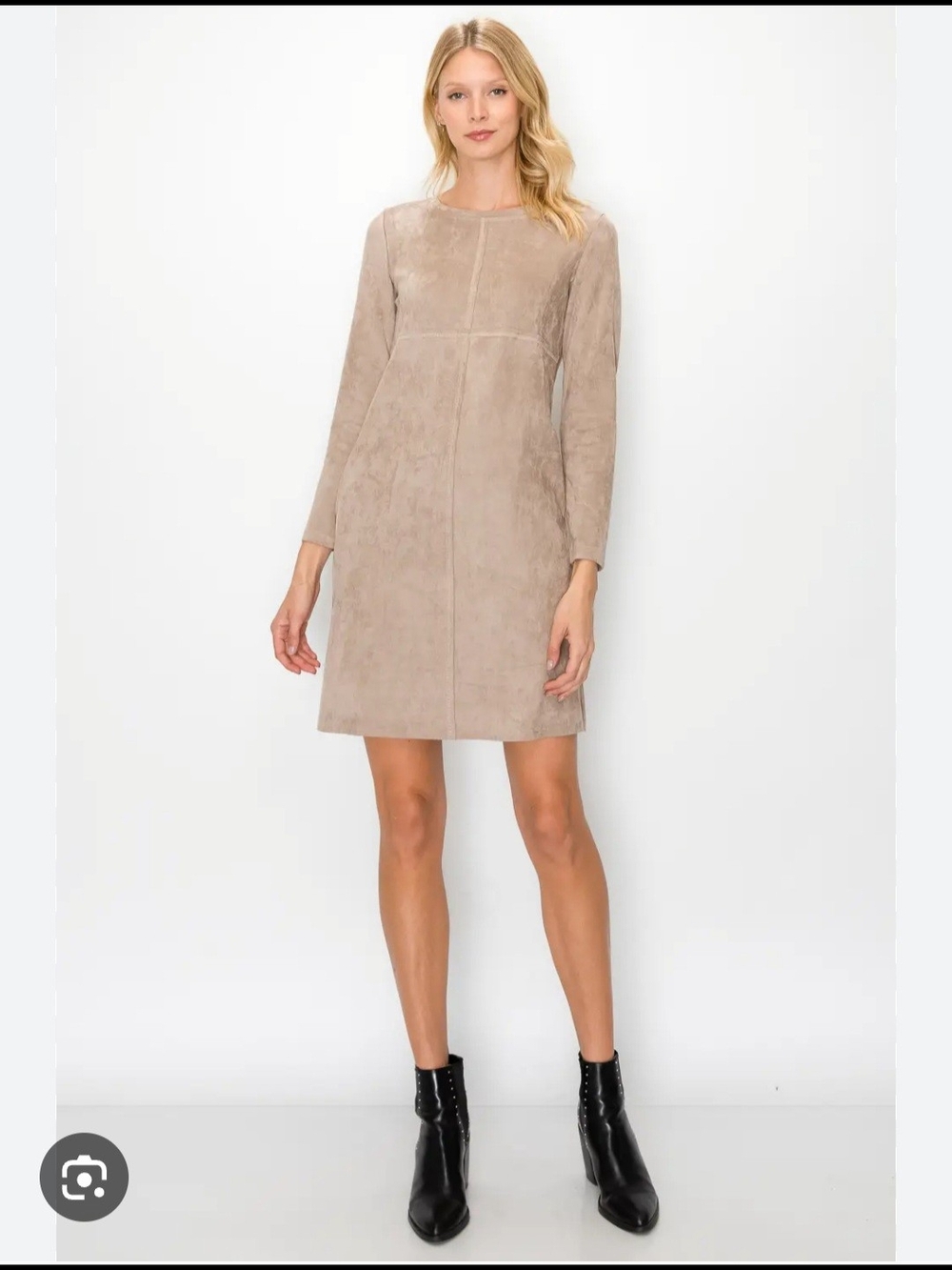Taupe Suede-Look Long Sleeve Shift Dress